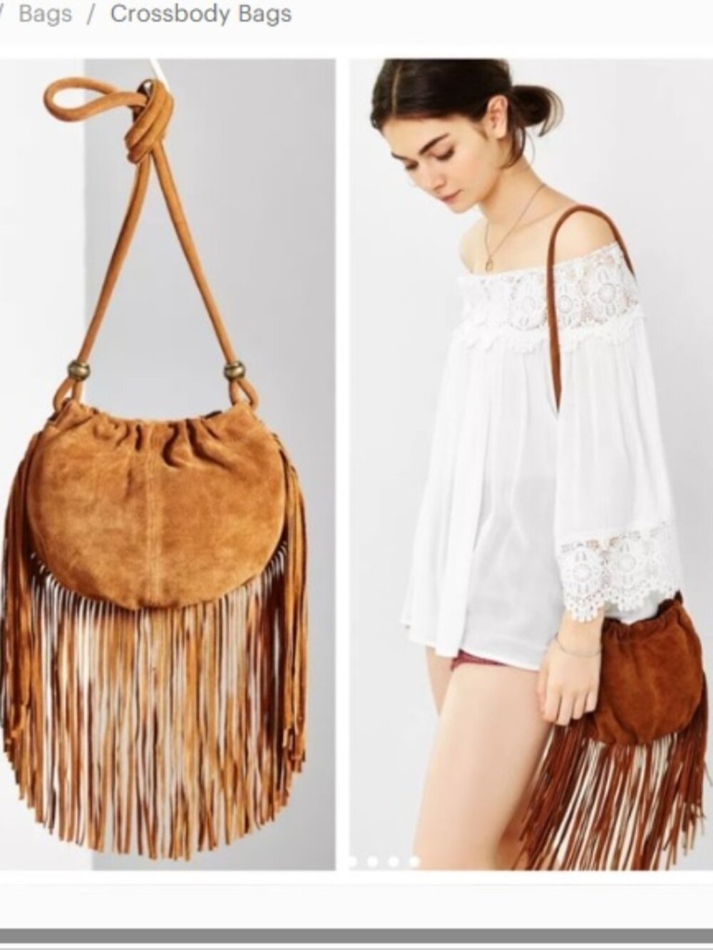 URBAN OUTFITTERS Ecote Mocha Suede Pleated Crossbody Bag w 9" Fringe